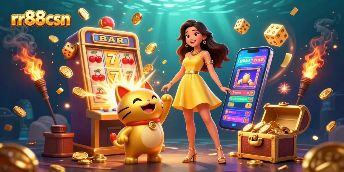 Engage with the rr88csn casino experience, featuring a cheerful Asian woman interacting with a lucky cat amidst vibrant slot machine action.
