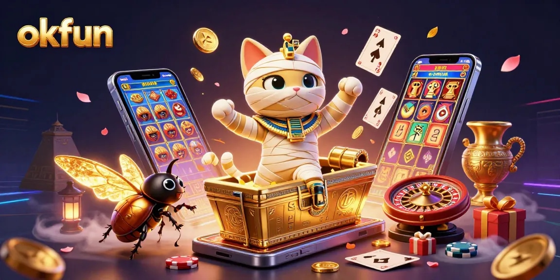 Experience the excitement of okfun with an Egyptian mummy cat at a vibrant casino.