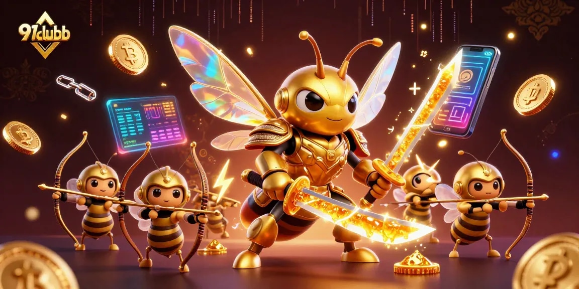 91clubb immersive illustration showing a golden hornet samurai with cryptocurrency elements, highlighting vibrant casino energy