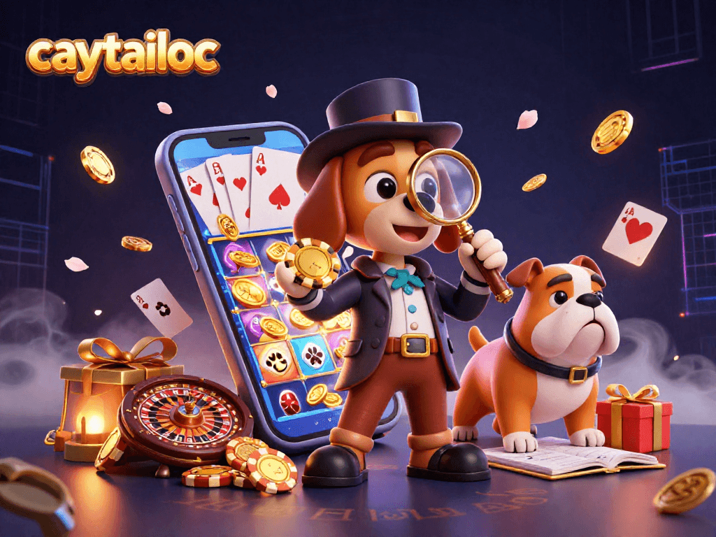 Experience the excitement of caytailoc as the detective dog examines a poker chip clue in a vibrant gaming scene.