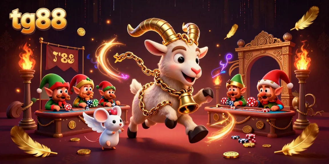 Tg88 casino chaos with Krampus, angel mouse, and elf gremlins amidst gold tokens