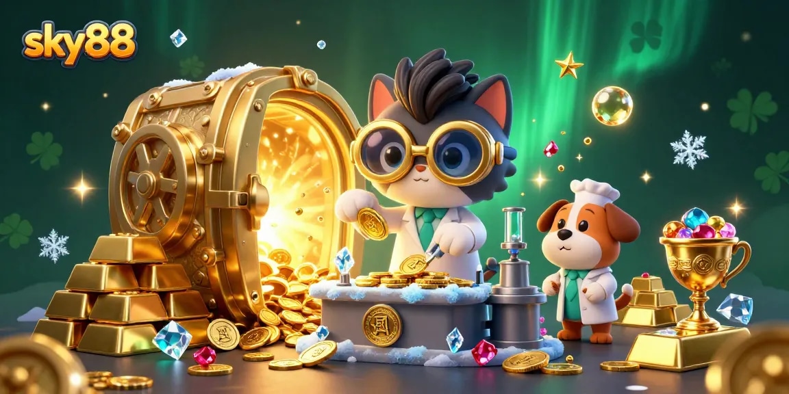 Sky88 delivers a vibrant casino experience featuring a 3D cartoon mad scientist cat and dog amidst gold treasures and exciting casino elements.