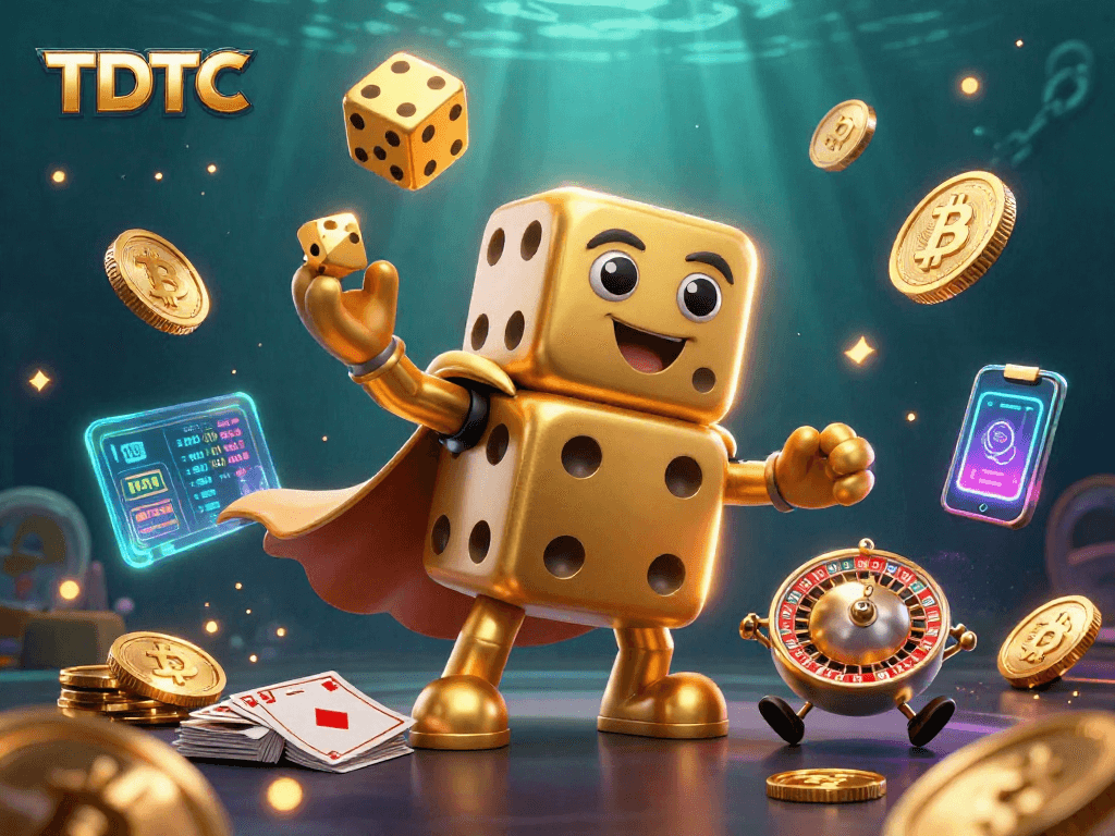 Engage with TDTC in an exhilarating casino scene with golden dice and glowing crypto coins.