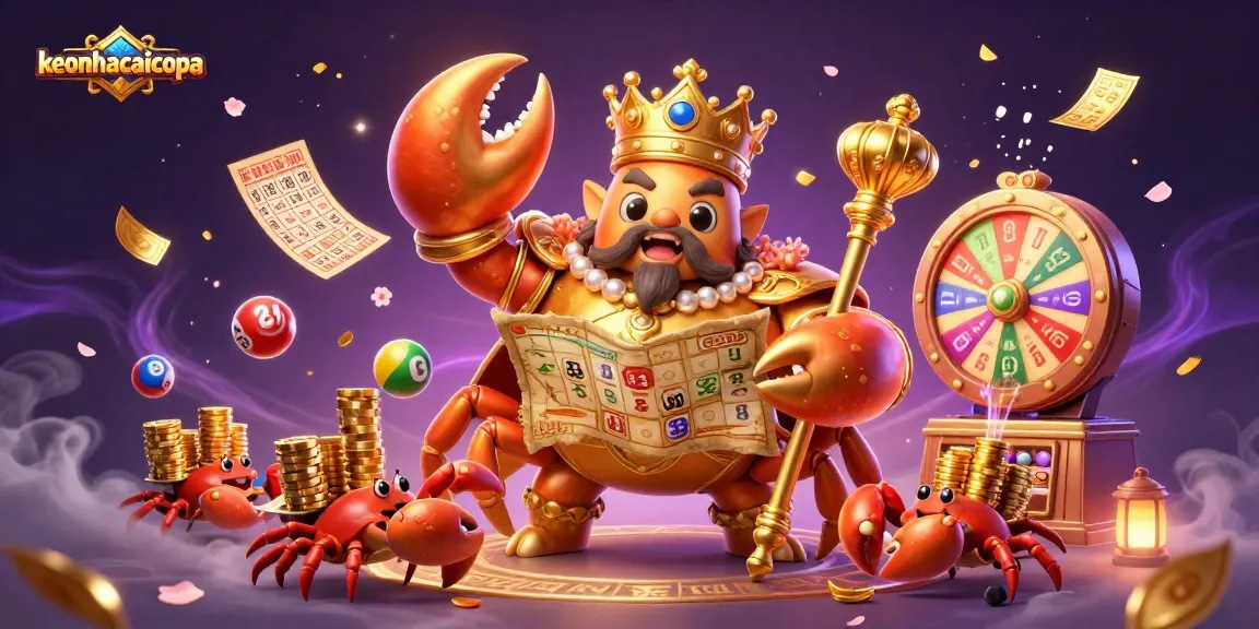 Engage with the keonhacaicopa gaming scene of a golden crab emperor amidst vibrant lottery elements.