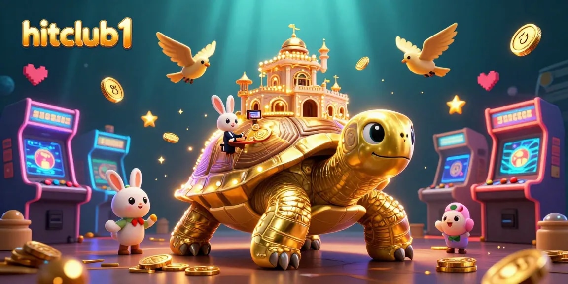 Experience winning with hitclub1 in this vibrant, dynamic casino illustration featuring a magical tortoise and rabbit dealer.