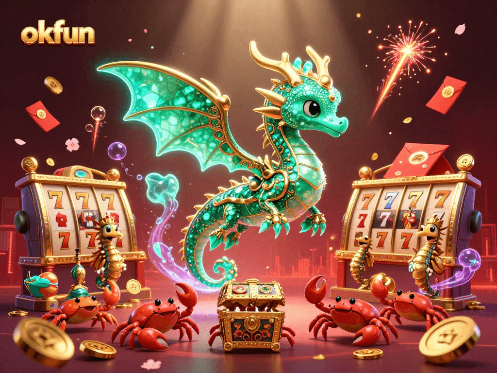 Experience the thrill with okfun, showcasing a sea dragon amidst vibrant casino elements and rich visuals.
