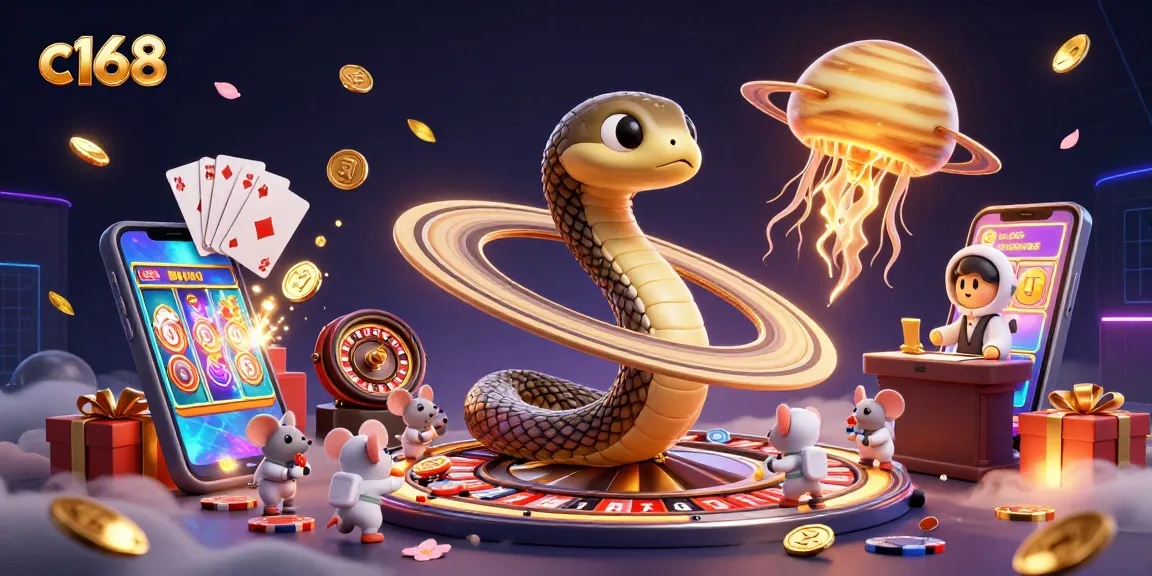 Engage in thrilling bets with c168 amidst vibrant casino elements in this dynamic 3D illustration.