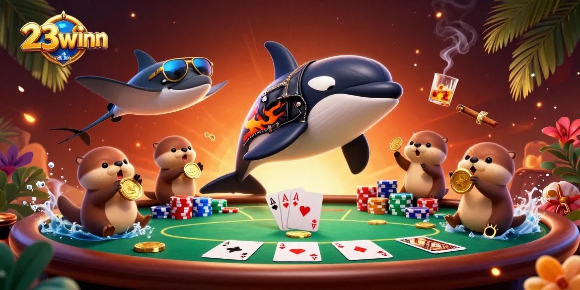 Engage in thrilling gambling with 23winn at a vibrant underwater casino scene full of fun characters.