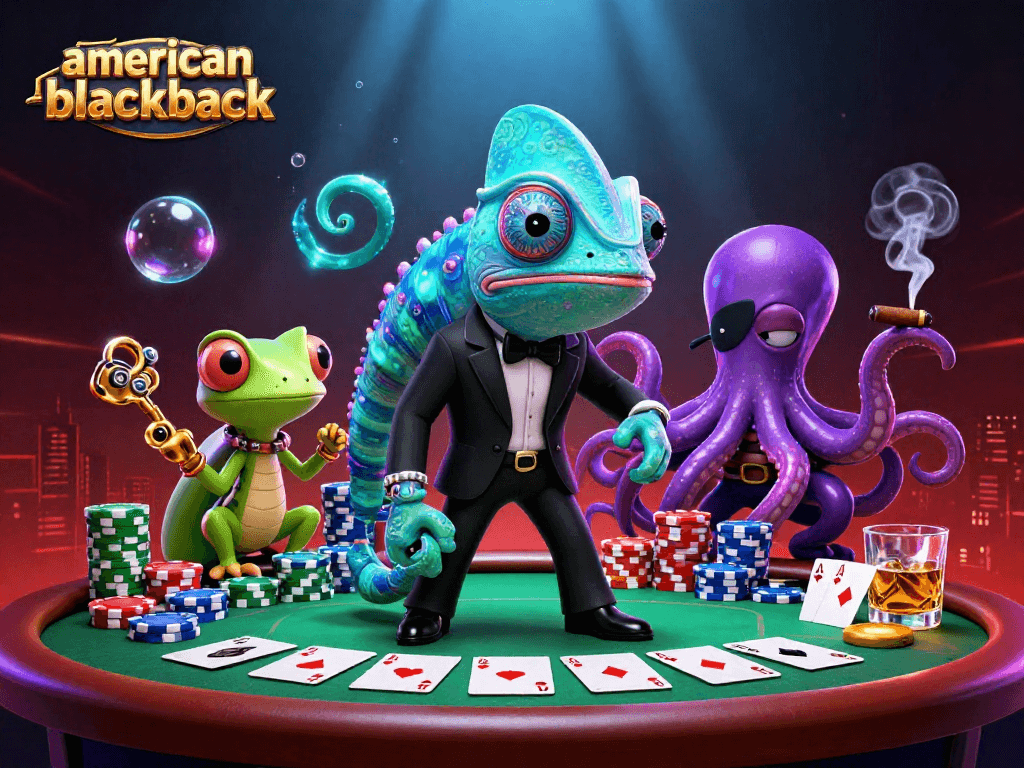 Engage in American Blackjack excitement with a colorful scene of characters and poker elements.