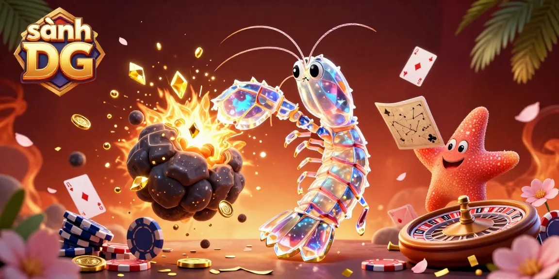 Engage in gameplay at sảnh DG with a dynamic 3D casino scene featuring a mantis shrimp and starfish.