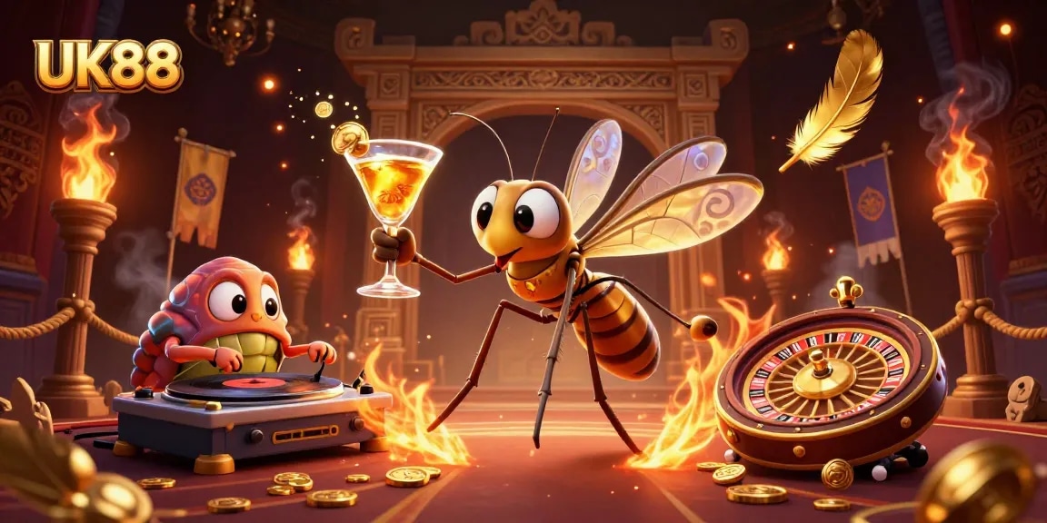 Engage with UK88’s vibrant casino world featuring a unique insect mascot, DJ, and a roulette wheel.