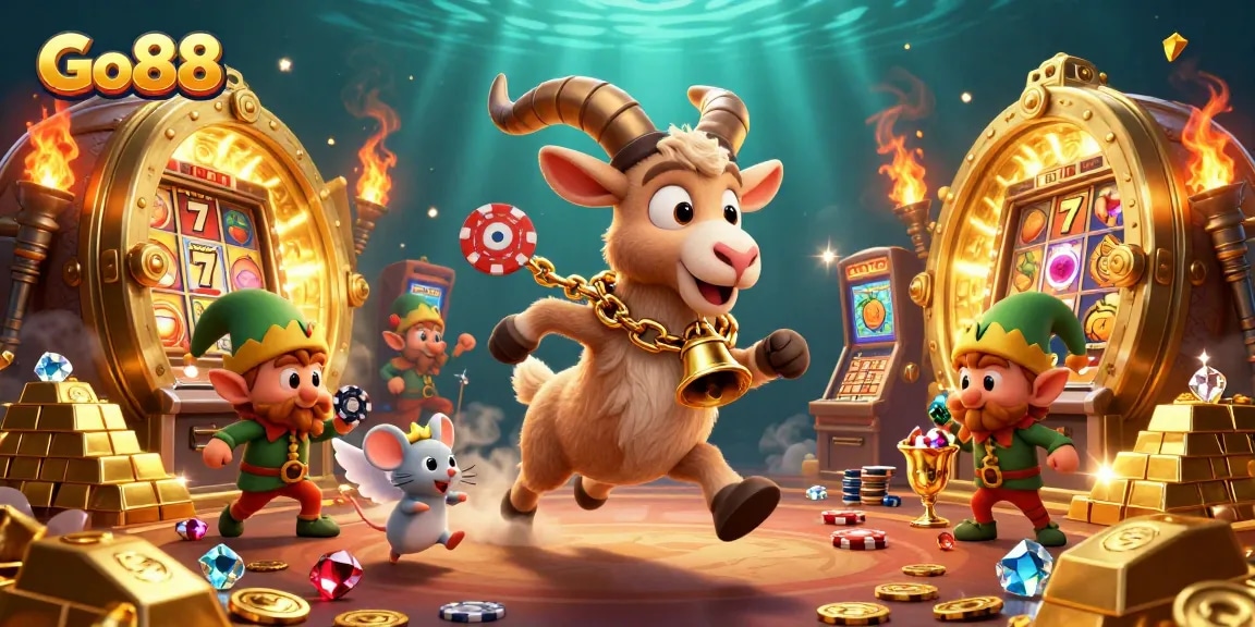 Go88 showcases an exciting casino scene with a festive Krampus goat, angel mouse, and elf gremlins amidst rich slot machines and golden treasures.