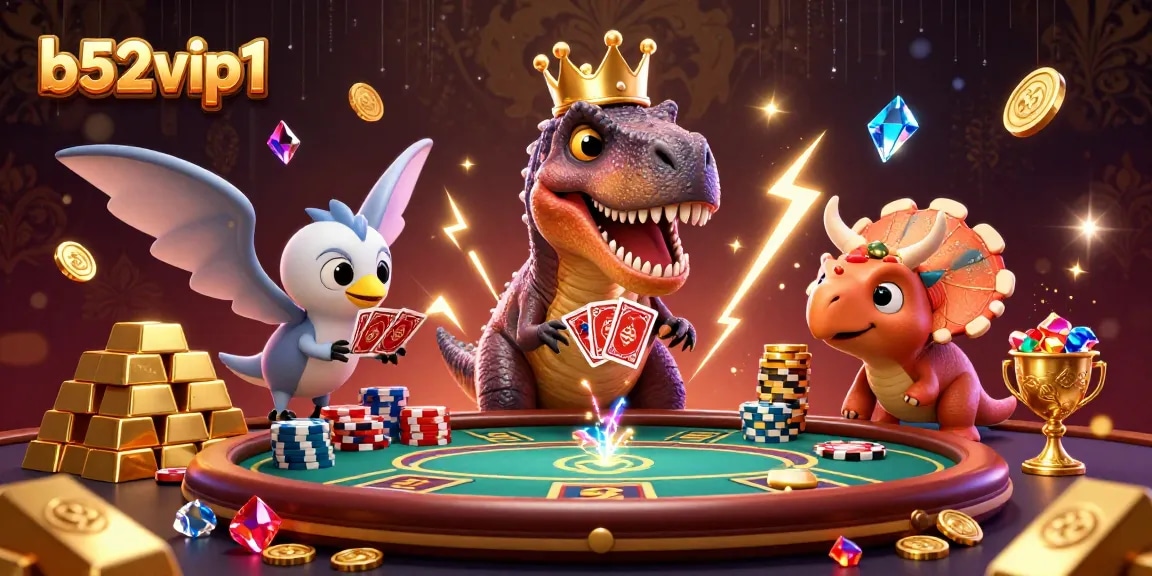 b52vip1 offers an exciting casino experience with a friendly T-Rex shuffling cards and gold stacked high.