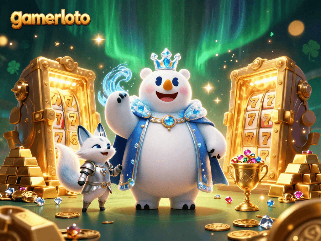 Experience the thrill of gamerloto with a vibrant 3D casino scene featuring treasures and slot game elements.