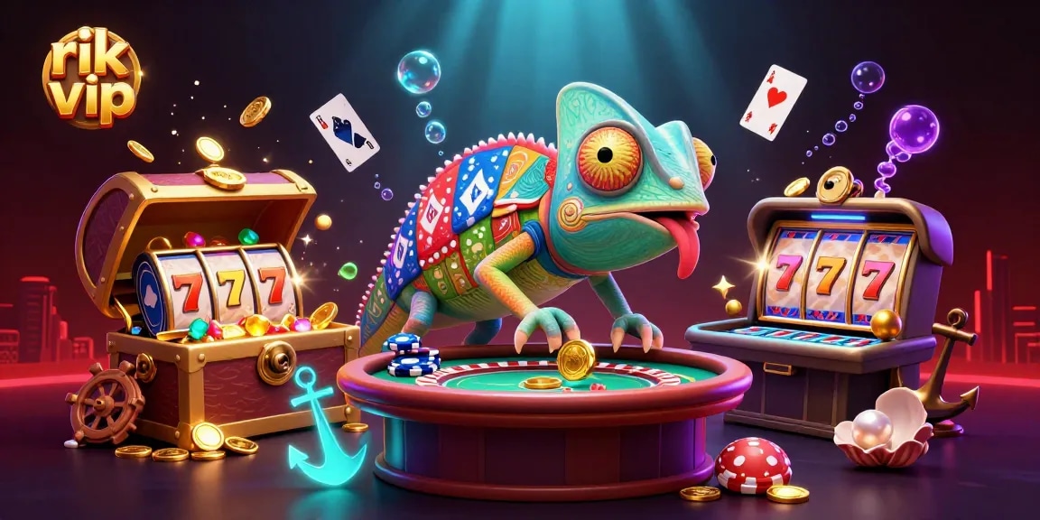 Experience exciting action at rik vip casino with a vibrant scene of a chameleon owner and gold coins.