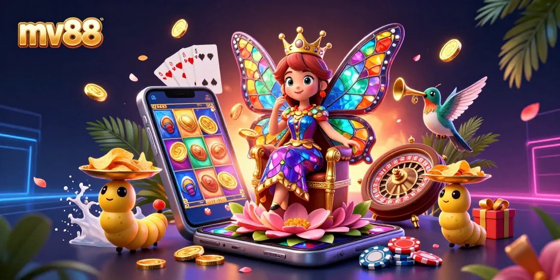 Experience the excitement of mv88 with vibrant casino elements and enchanting characters in a rich digital illustration.