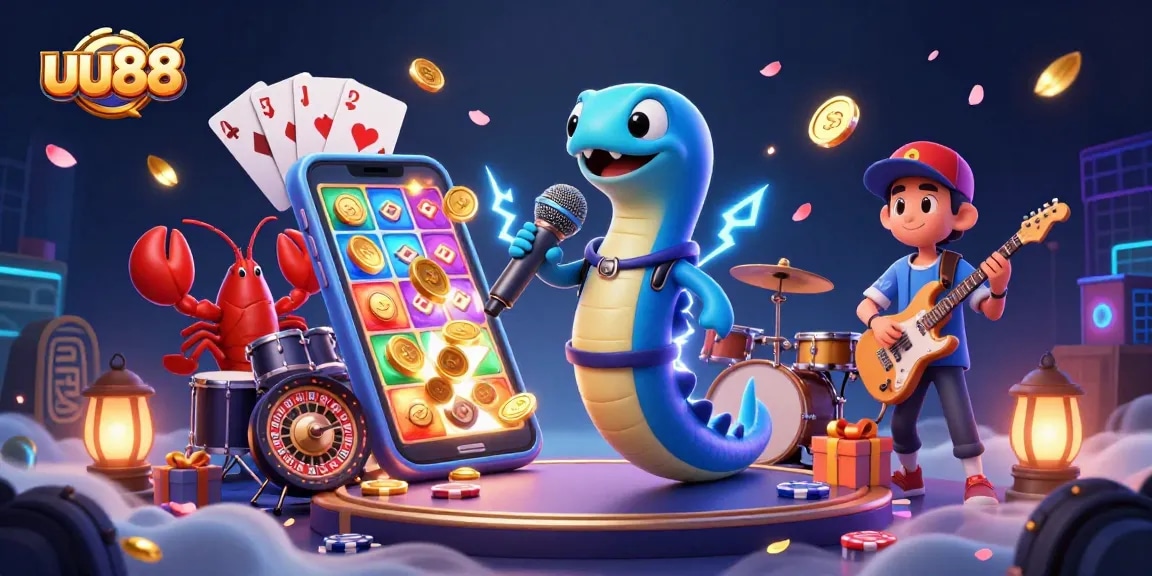 uu88 offers an electrifying underwater casino scene with vibrant characters and dynamic gaming elements.