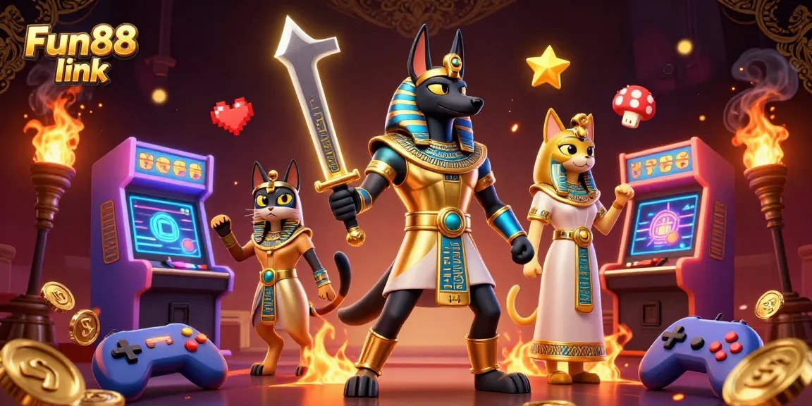 Engage with Fun88 link in a vibrant casino illustration featuring an Egyptian warrior, gaming machines, and rich gold elements.