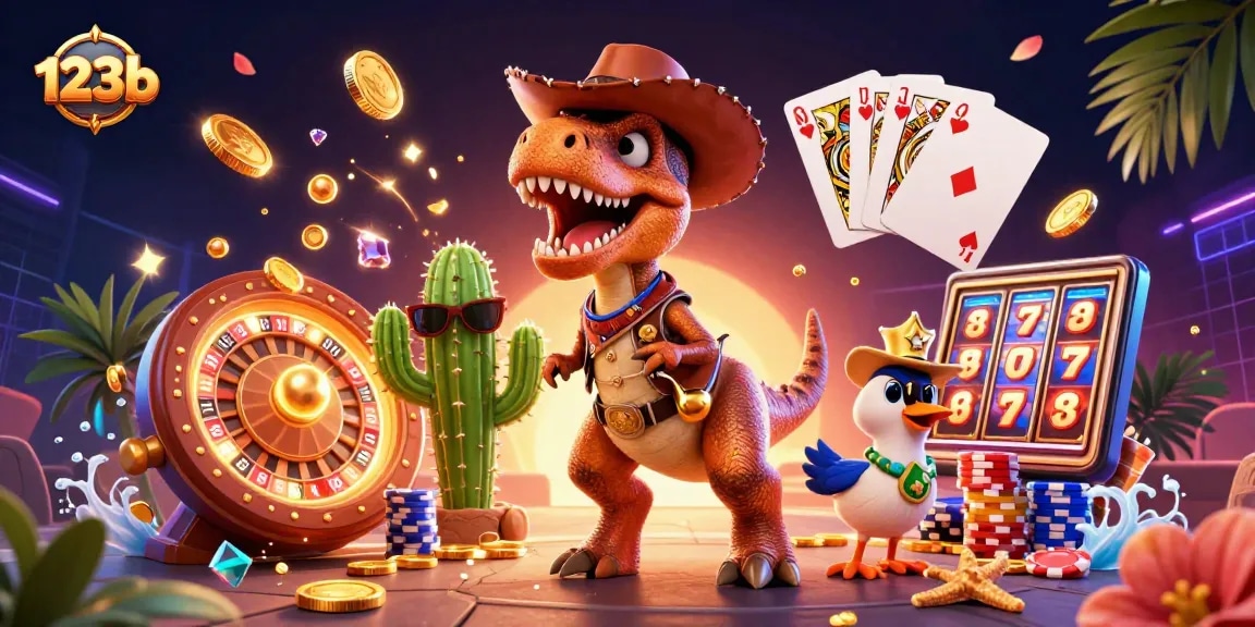 Engage in thrilling casino action with 123b, featuring a T-Rex in a Western theme amidst glittering game elements.