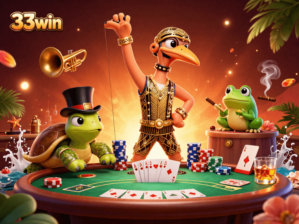 33win showcases a vibrant 3D illustration with poker elements and lively characters in a casino setting.