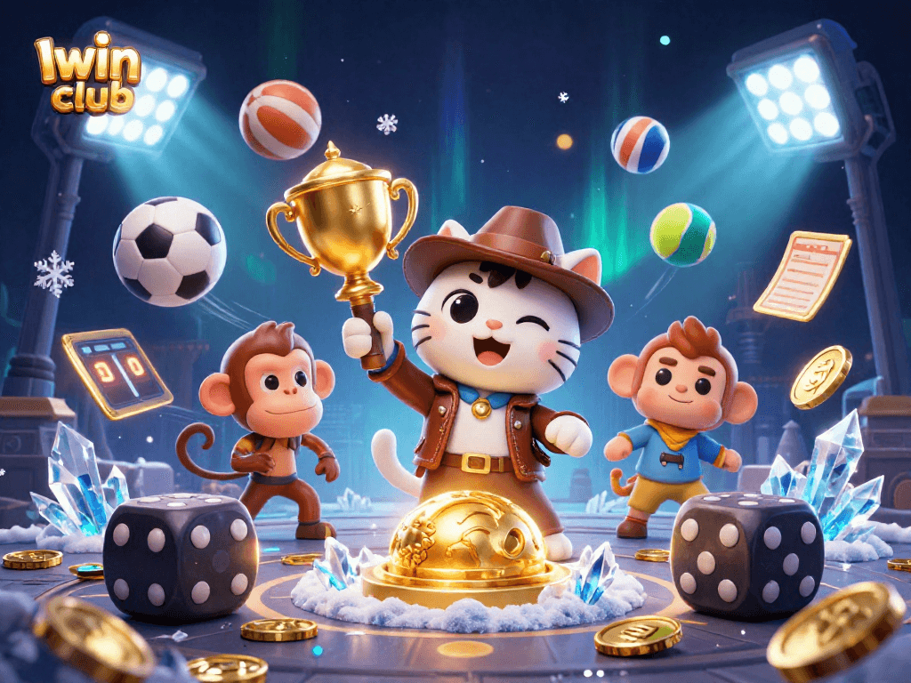 Iwin club features a thrilling 3D scene with explorers uncovering casino treasures amid sports elements.
