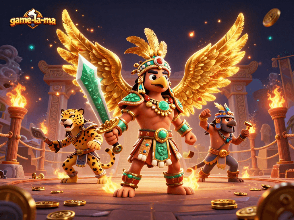 Engage in thrilling gameplay with game-la-ma's vibrant Aztec warriors in a dynamic casino scene.