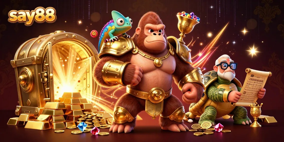 SAY88 showcases thrilling online casino games with vibrant characters in a rich, dynamic 3D illustration.