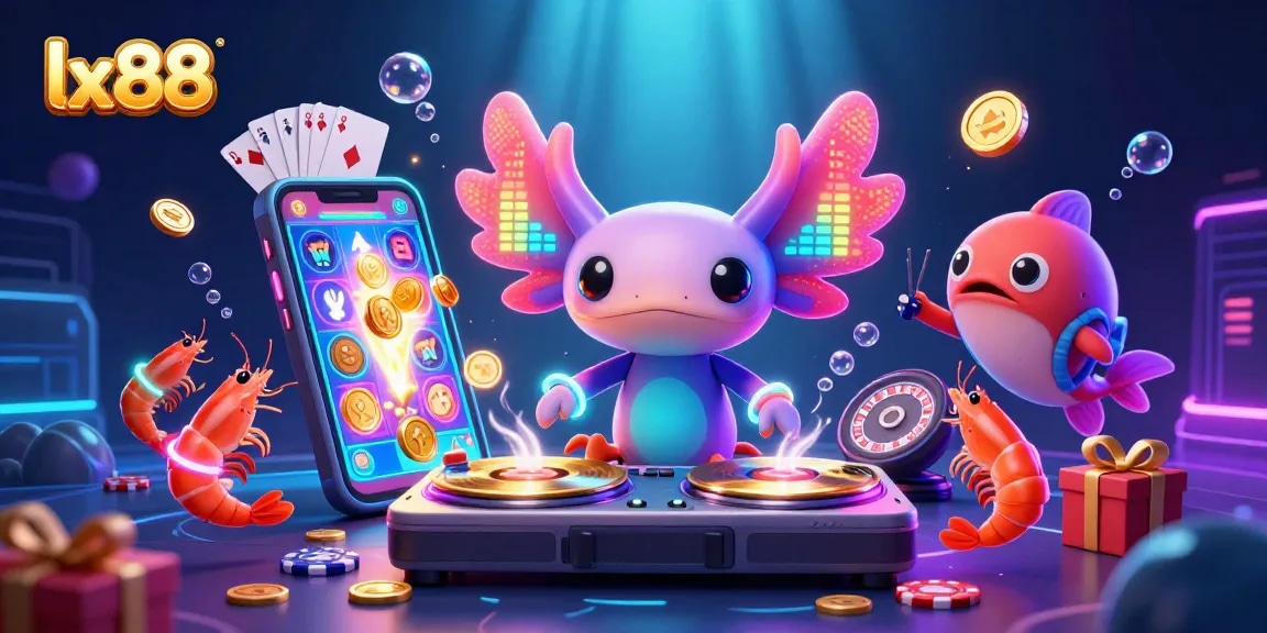 lx88 brings vibrant underwater casino fun with a neon axolotl DJ mixing a slot-themed party scene