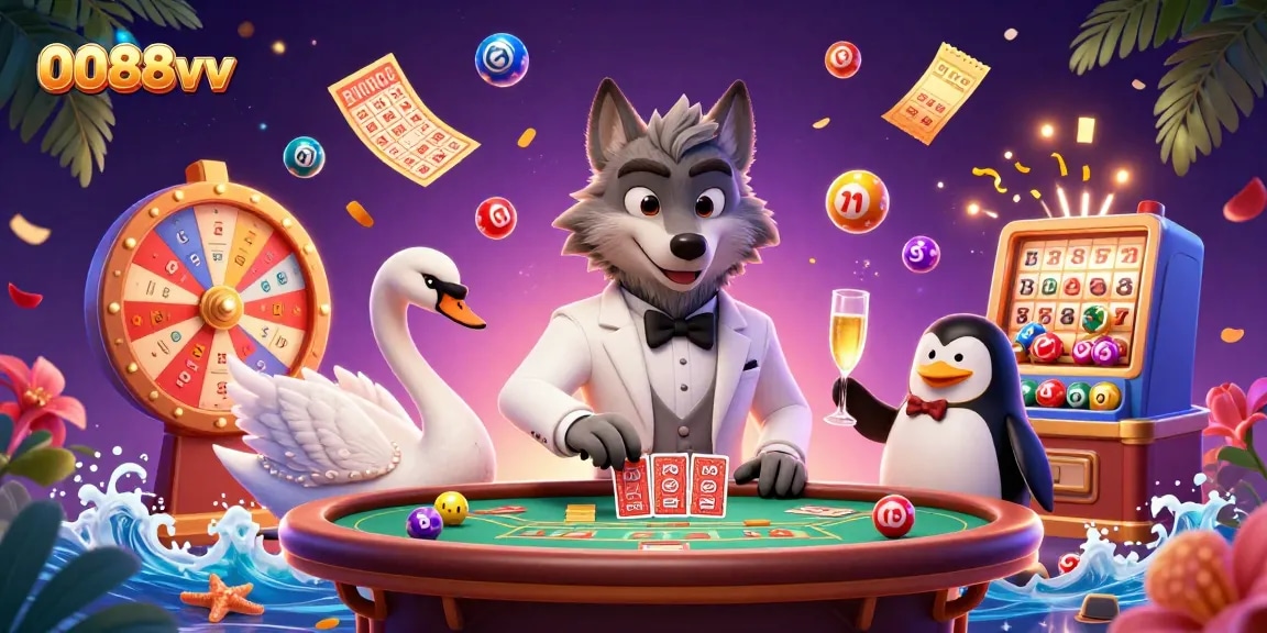 Experience excitement at 0088vv with a vibrant casino scene featuring dynamic lottery elements and stylish characters.
