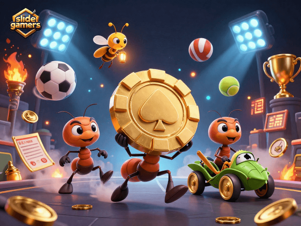 Slidegamers team of ants stealthily transporting a giant poker chip in a dynamic heist scene.