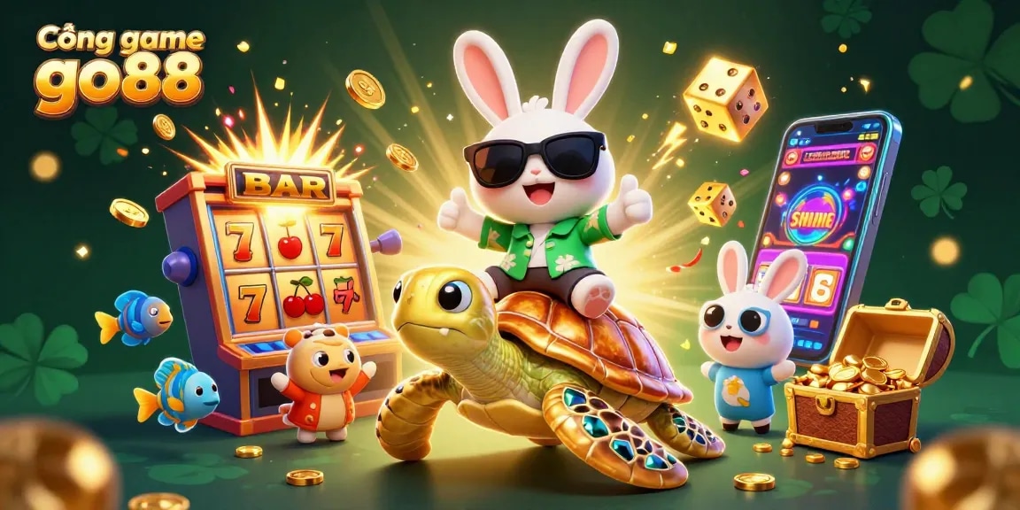 Cổng game go88 offers thrilling gaming experiences with vibrant illustrations featuring exciting slot machines, winning symbols, and more.