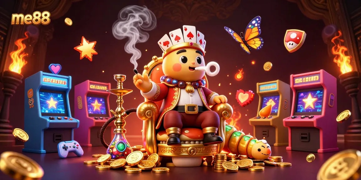 Experience the excitement of me88 with vibrant casino-themed characters surrounded by colorful game elements.