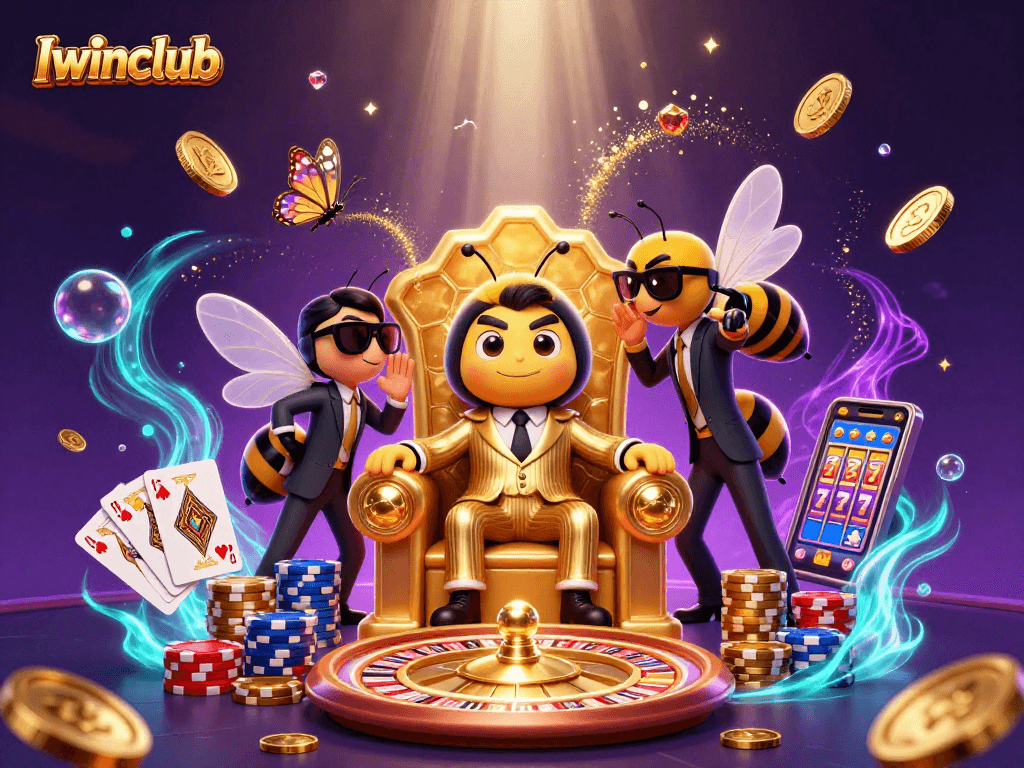 Iwinclub showcases a vibrant cartoon scene with a bumblebee mob boss and casino elements for gambling enthusiasts.