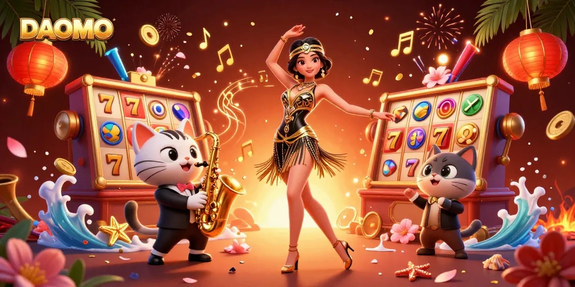 Engage in thrilling slots at DAOMO with vibrant 3D characters dancing amidst winning reels and confetti.