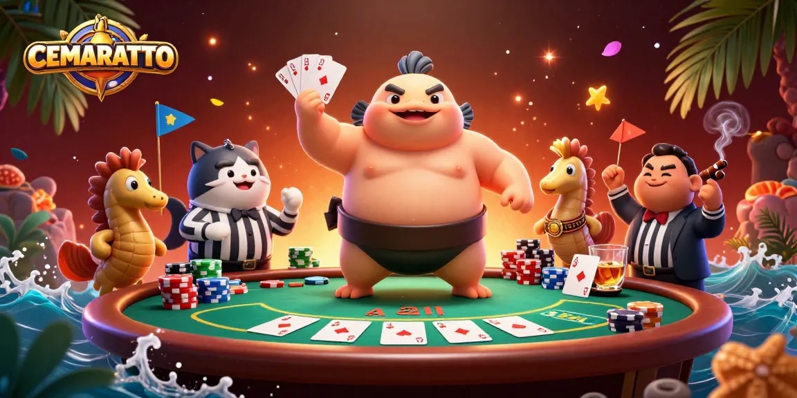 CEMARATOTO showcases an exciting underwater casino scene with vibrant 3D characters playing poker amidst dynamic elements.