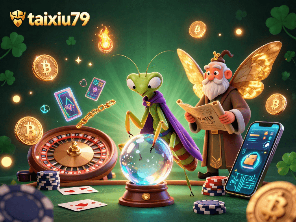 Join the taixiu79 gaming adventure with vibrant casino elements in a mystical 3D scene featuring fortune tellers.