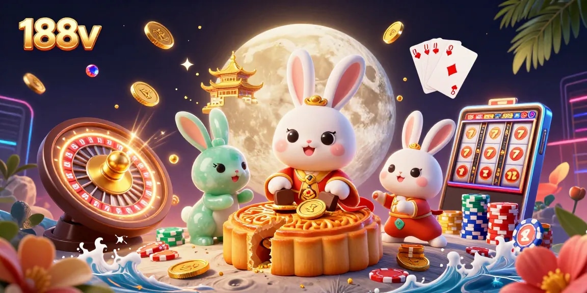 Experience thrilling games with 188v's vibrant online casino featuring a moon rabbit scene.