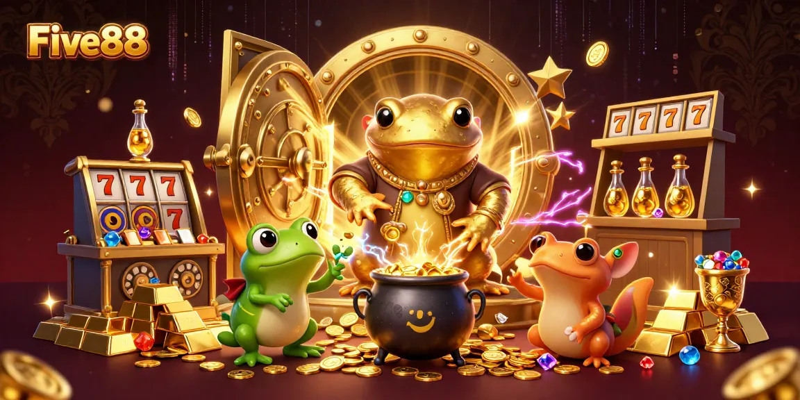 Experience the magic of Five88 with a vibrant casino scene showcasing alchemy and fortune.