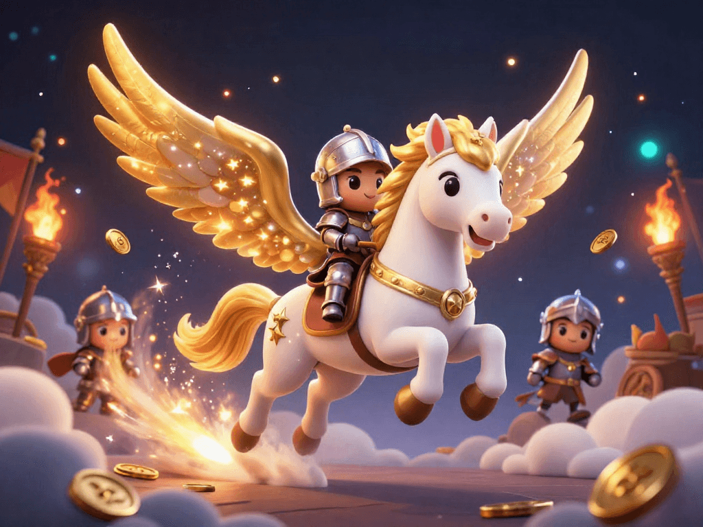 Engage in thrilling adventures with caoboimientay on a celestial horse amid swirling golden effects.