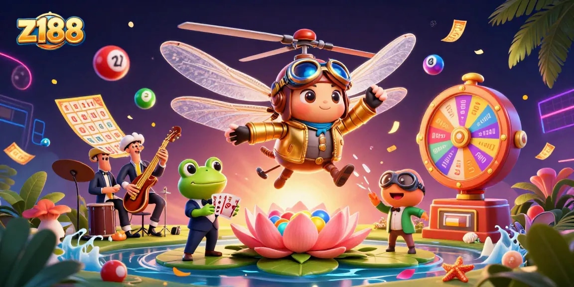 Engage with z188's thrilling games and vibrant casino atmosphere in a colorful digital illustration.