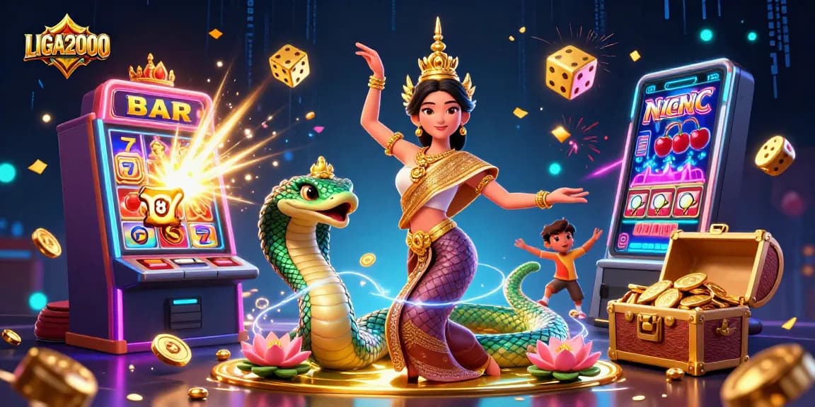 LIGA2000 menampilkan adegan kasino yang mendebarkan dengan penari anggun, ular Naga, dan mesin slot yang mengeluarkan koin.