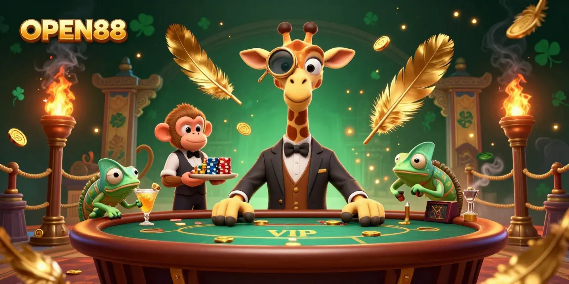 Experience OPEN88 with a high-stakes poker night featuring a vibrant giraffe, monkey, and chameleon in action.