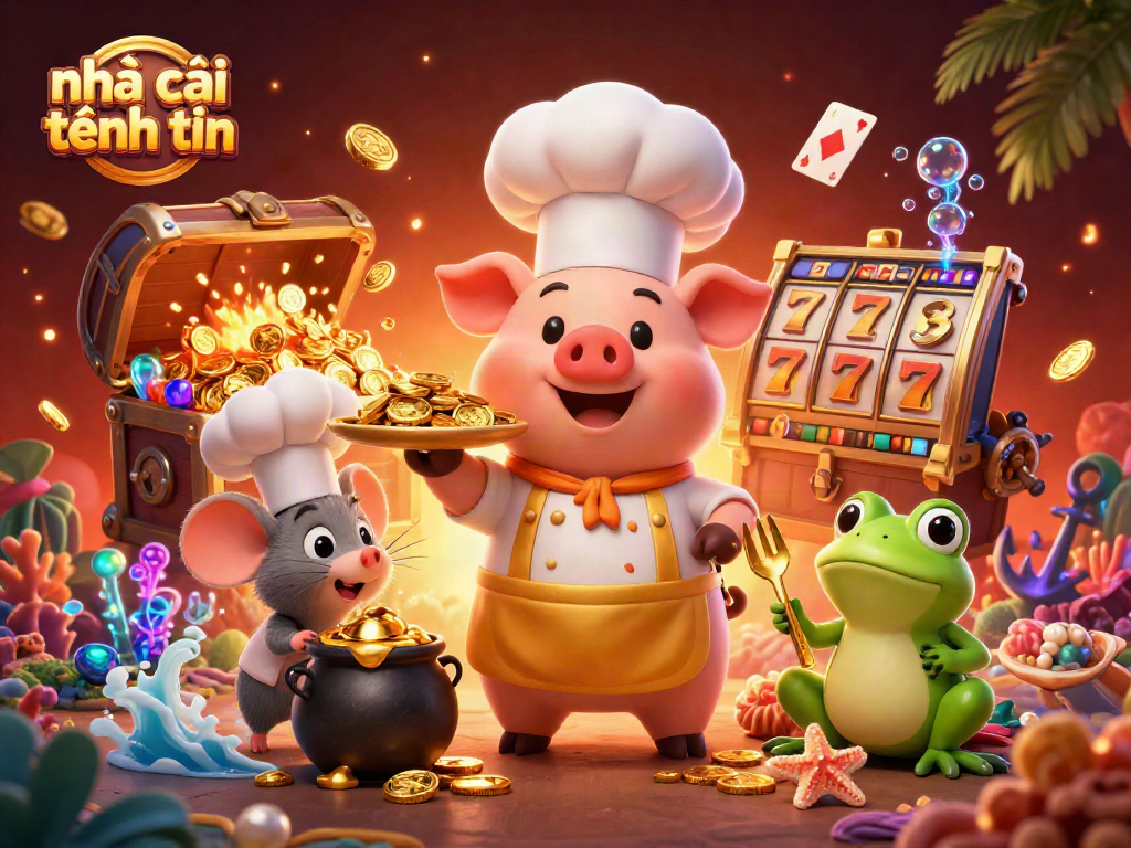 Engage with nhà cái tặng tiền as a chef pig serves gold coins in a vibrant casino-style scene.