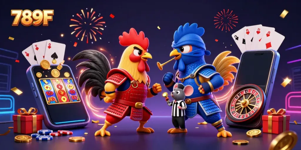 Witness thrilling 789F action with cartoon roosters in battle amidst casino elements for epic gaming.