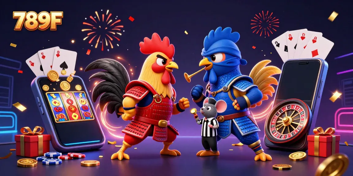 Witness thrilling 789F action with cartoon roosters in battle amidst casino elements for epic gaming.