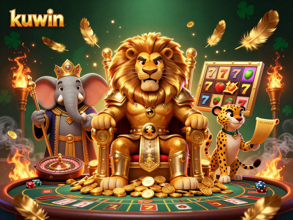 Kuwin showcases a fierce lion king on a golden throne amidst vibrant casino elements and characters.