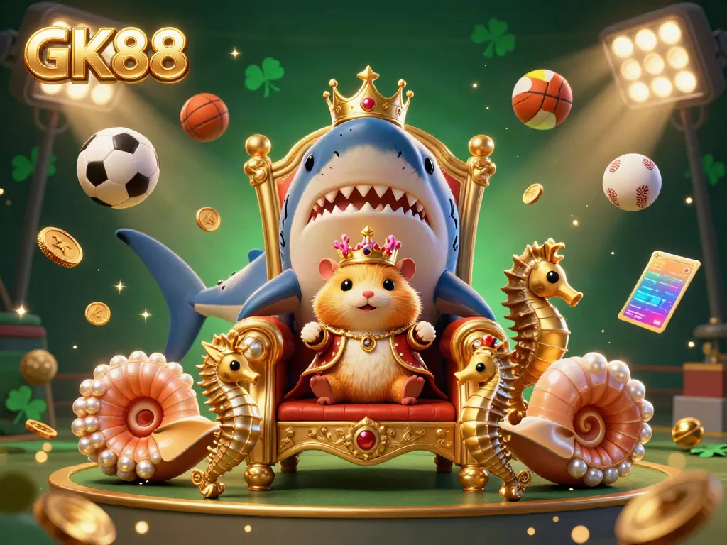 Experience GK88's vibrant gambling scene with a hamster king and sports elements in a dynamic casino setting.