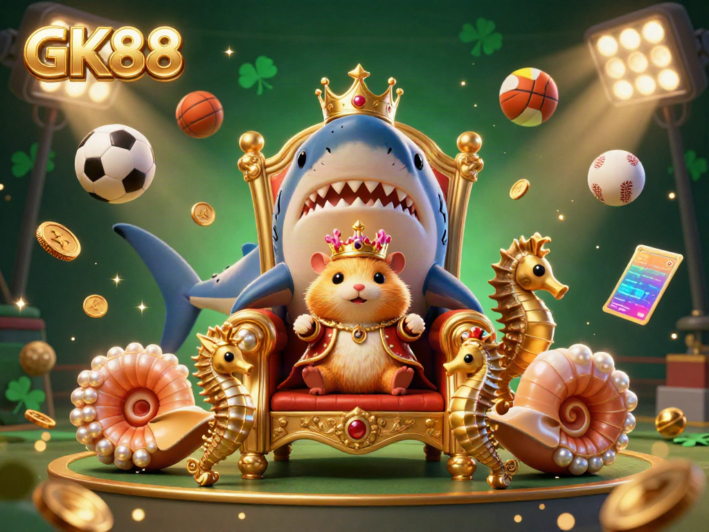 Experience GK88's vibrant gambling scene with a hamster king and sports elements in a dynamic casino setting.