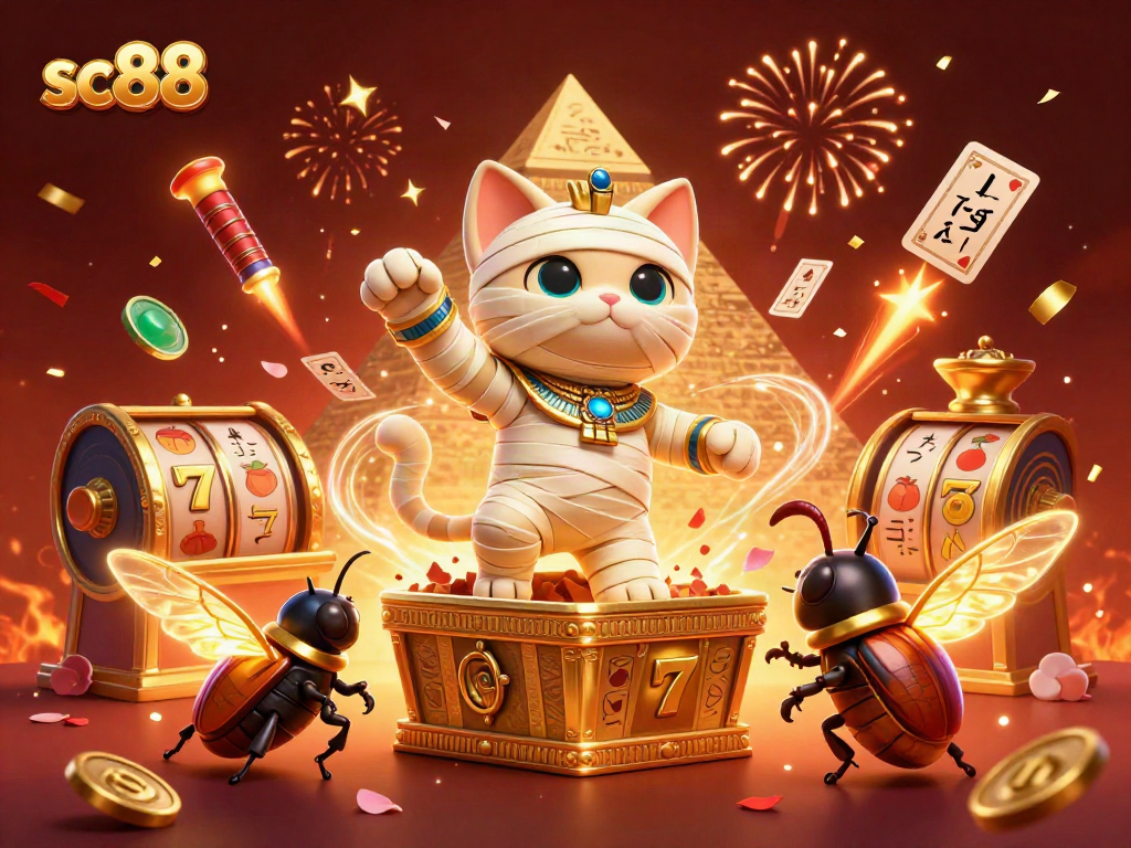 Engage with sc88 casino adventures as a mummy cat and scarab beetle explore a vibrant pyramid.