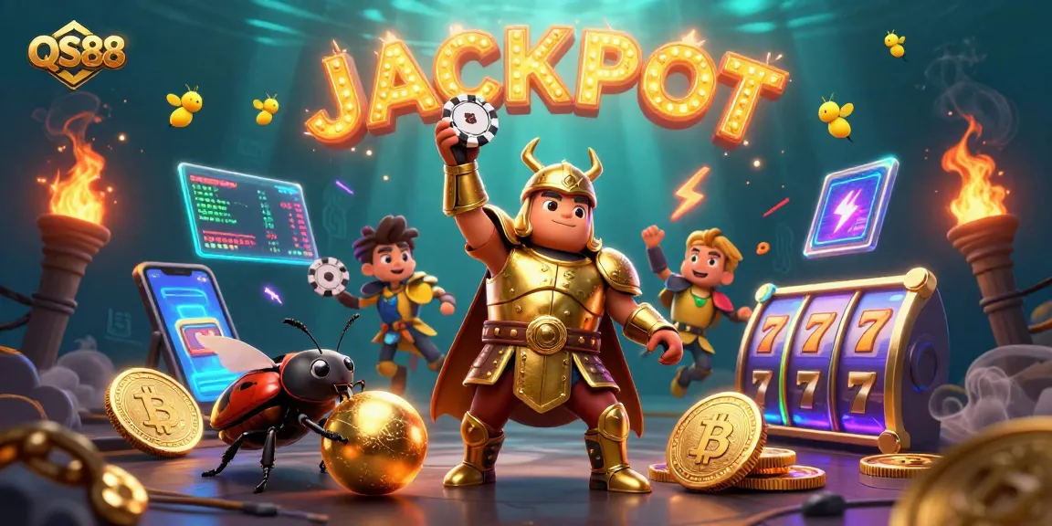 Experience the excitement of QS88 with a victorious beetle and dazzling casino elements.